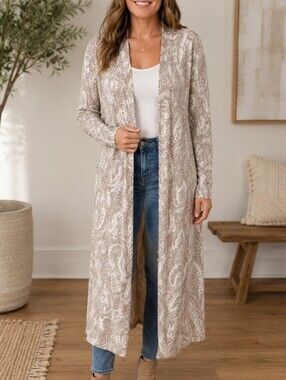 Cyrus Cream and Tan Paisley Maxi Cardigan